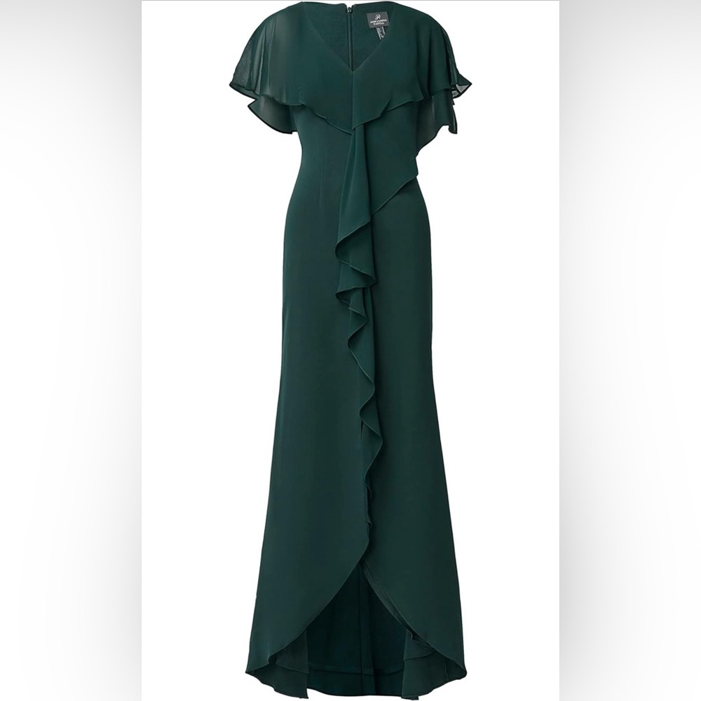 Never worn! Adrianna Papell Hunter Green Ruffled High-Low Gown